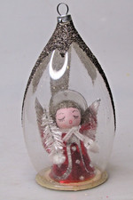 VTG Clear Glass Diorama ANGEL w TREE Wing Glitter DROP Christmas Ornament German picture
