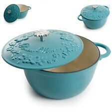 5 Quart Enameled Cast Iron Dutch Oven Floral Turquoise Kitchen Cooking Cookware picture