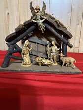 Vintage Fontanini Nativity Set 5 Figures Wood Stable Creche Depose Italy 5