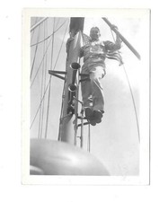VTG B&W Small Photo Navy Sailor Climbing Mast Of Ship American Flag Military picture