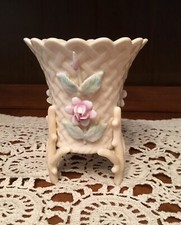 Belleek Style 3 leg  Porcelain Vase with Porcelain 3-D Flowers marked 6460 picture