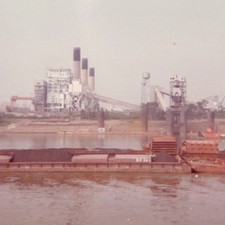 1973 Ohio River Industrial Coal Barge Snapshot Photo Power Plant Smokestacks Vtg picture
