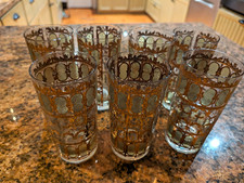 7 Vtg Culver Pisa Highball Glasses Signed 22K Gold Green Arches MCM Barware Set picture