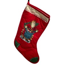 Vintage Quilted Christmas Stocking Santa w Sack of toys Holiday Handmade 13 Inch picture