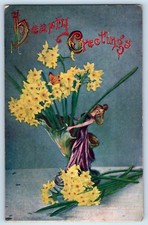 c1910's Hearty Greetings Yellow Flowers In Vase Fresh Pond NJ Antique Postcard picture