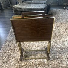 Complete Vintage Faux Wood TV Trays with Rolling Stand and Gold Lucite Wheels  picture