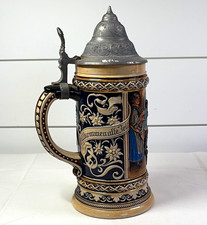 German Style Lidded Beer Stein Pewter Lid Blue Floral Relief Tavern Scene 100 picture
