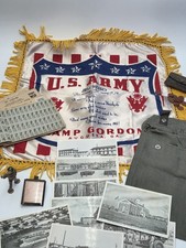 Vintage WW2 Era Memorabilia Lot - Pillow Case Gas Mask Case Post Cards Ration picture