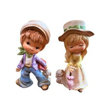 Vintage Norleans Japan Boy & Girl Figurines Pair With Pups 1970s Kitsch Big Eye picture