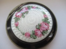 Art Deco black roses Guilloche Enamel silver tone Compact as is picture