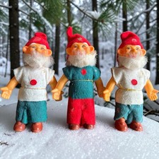 3 Vintage Gnomes-Dwarfs-Elves Figurines Felt Clothes Hard Plastic 5” picture