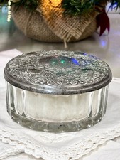 Vintage Cut Glass Powder Jar with Etched Floral Lid Vanity Trinket Box picture