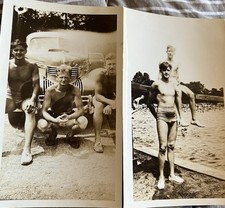 2 Vintage Photos Group Friends Men Beach  Rocks Swimwear Swim Trunks Bulges picture