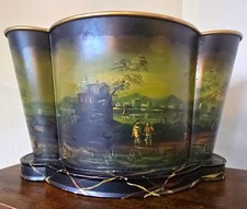 Vintage Hand-Painted Black Tole Planter Jardiniere Landscape Scene Faux Marble  picture