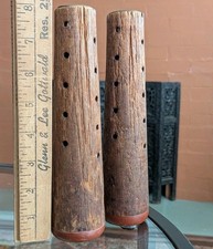 Pair Antique Wood Spool Spindle Bobbin Primitive Candlestick Set Industrial Art picture