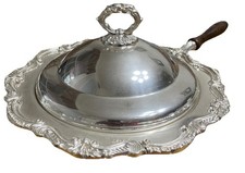 Vintage Silver Plated Chafing Dish Towle Ornate w/Lid Wood Handle Storage bag picture