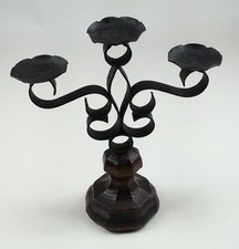 Retro Vintage 1970s Mediterranean Spanish Revival Wood Wrought Iron Candleholder picture