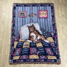 VTG GARY PATTERSON I LOVE CATS FUNNY TAPESTRY THROW BLANKET CATNAP 50