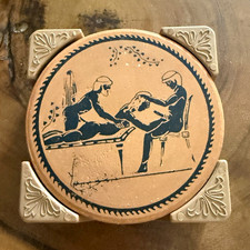 Decorative Round Ceramic Coasters, Beige & Blue, Figural Scene, Set of 6 picture