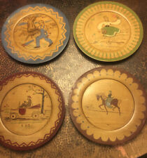 4 VIintage Hand Painted Pyrography Folk Art  Wooden Plates  Lot of 4–9 3/4” picture