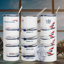 British Airlines UK Fleet Travel Souvenir 20oz Skinny Tumbler Cup Straw picture