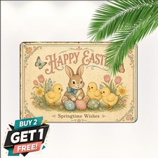 Easter Bunny Chicks Eggs Sign Cheerful Spring Holiday Tin Wall Decor Plaque picture
