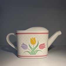 Teleflora 1985 Vintage Ceramic Tea Pot White Tulip Floral Glossy Finish picture