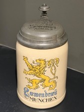 Antique 1910s–30s Lowenbrau Löwenbräu München 0.35L German Beer Stein Pewter Lid picture