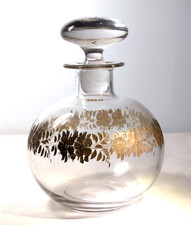 ANTQ Victorian Glass Perfume Bottle & Stopper Gold Gilt Floral 6.5