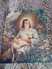 1944 Warner Sallman Kriebel & Bates Litho Boy Christ w/ Lamb Jesus 8×10