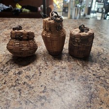 Set Of Three Tiny Woven Baskets All With Lids Good For Miniatures picture