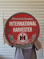 LARGE VINTAGE INTERNATIONAL HARVESTER DOUBLE SIDED FLANGE PORCELAIN SIGN 17x17 picture