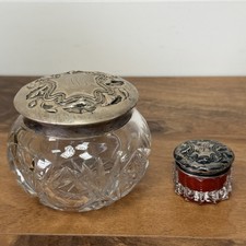 Set Of 2 Antique Dresser Jars Glass Sterling Lid Monogram Rouge Art Deco Floral picture