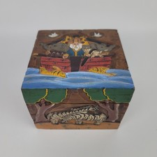 Vtg Handcrafted Noahs Ark Carved Wood Trinket Box Painted Folk Art Boho Decor picture
