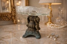 Antique Cut Glass Compote Cherub Bronze Pedestal Dish Victorian Art Deco picture