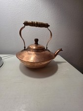 Vintage Solid Copper Tea Kettle Teapot Wood Handle Lid Rustic Farmhouse Decor picture