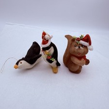 3 Vtg Flocked Christmas Ornaments Hong Kong 1 Squirrel 2 Seals picture