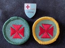 REDUCED 3 VINTAGE GIRL SCOUT-FIRST AID BADGES, RED CROSS HOME NURSING PIN picture