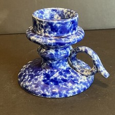 Vintage Porcelain Candleholder Blue Speckle Unmarked 3” Tall picture