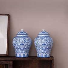 One Pair of Blue and White Floral Porcelain Ceramic Vases, Tea Sugar Jar Cont picture