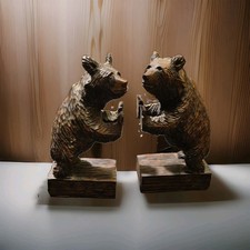 Amazing HAND CARVED Pair Of Brown FOREST WOOD Bear Bookends USA Made 9