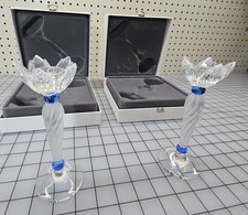 Swarovski Silver Crystal Candle Holder Set With Flower Design Cobalt Accents  picture
