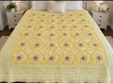 Vintage Mid-Century Satin Embroidered Quilt Bedspread Coverlet Pale Yellow Flora picture