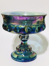 Vintage Indiana Irid Glass Blue Carnival Kings Crown Pedestal Compote Candy Dish picture