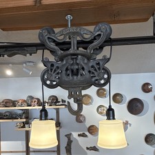 Vintage Cast Iron Hay Trolley Farmhouse Chandelier Track Drop Pulley & Lights  picture