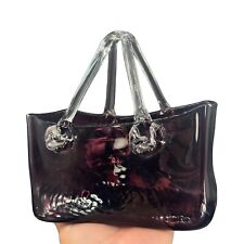 Dark Amethyst Art Glass Hand Bag Vase Centerpiece Large With Clear Handles picture