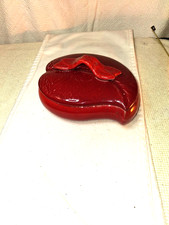 VINTAGE MCM COVERED LEAF SHAPED TRINKET DISH RED GLOSSY CERAMIC COVERED OVER 50 picture