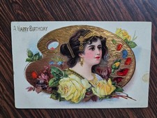 1913 Birthday Postcard Elegant Woman Artist Palette Yellow Roses Germany # KK picture