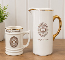 Vintage Lehigh University Pottery Pitcher & Stein Mug Set Gold Trim W.C. Bunting picture