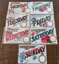 Lot of 7~Days of WEEK~Appointment Greetings~POSTCARDS~Pocket Watches-Clocks~r633 picture